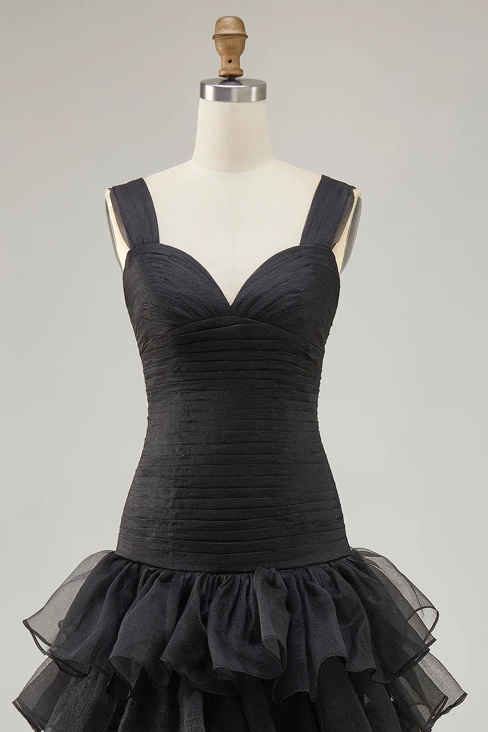 Black Organza Pleated A-Line High-Low Formal Dress Black Evening Dress With Tiered Ruffle Slit