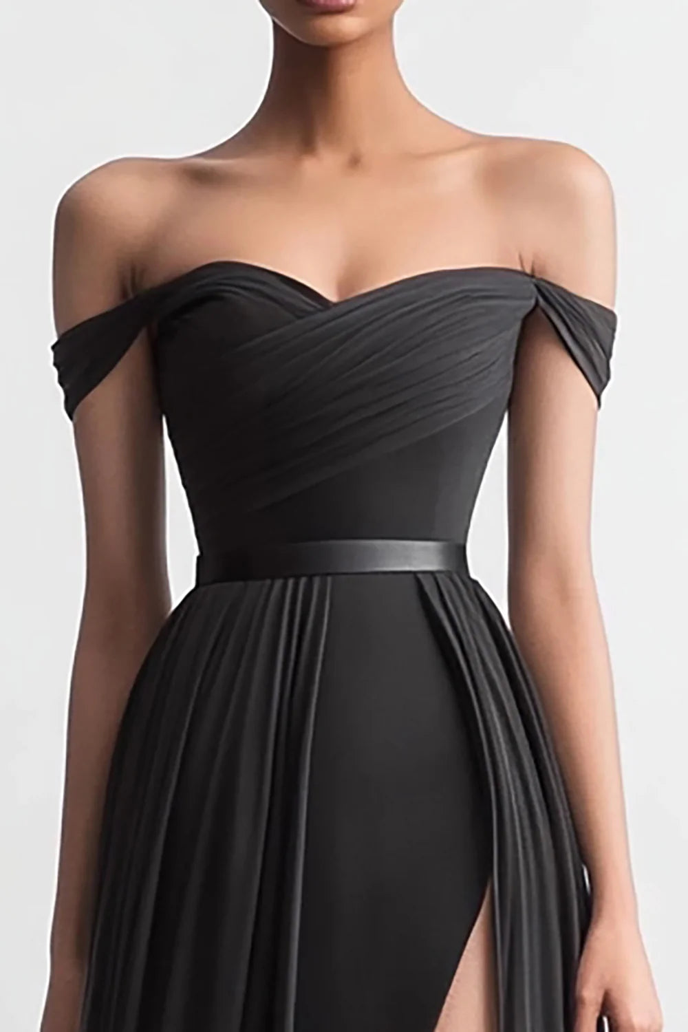Black Pleated Off The Shoulder Sweetheart Collar A Line Evening Dress Prom Dress With Slit