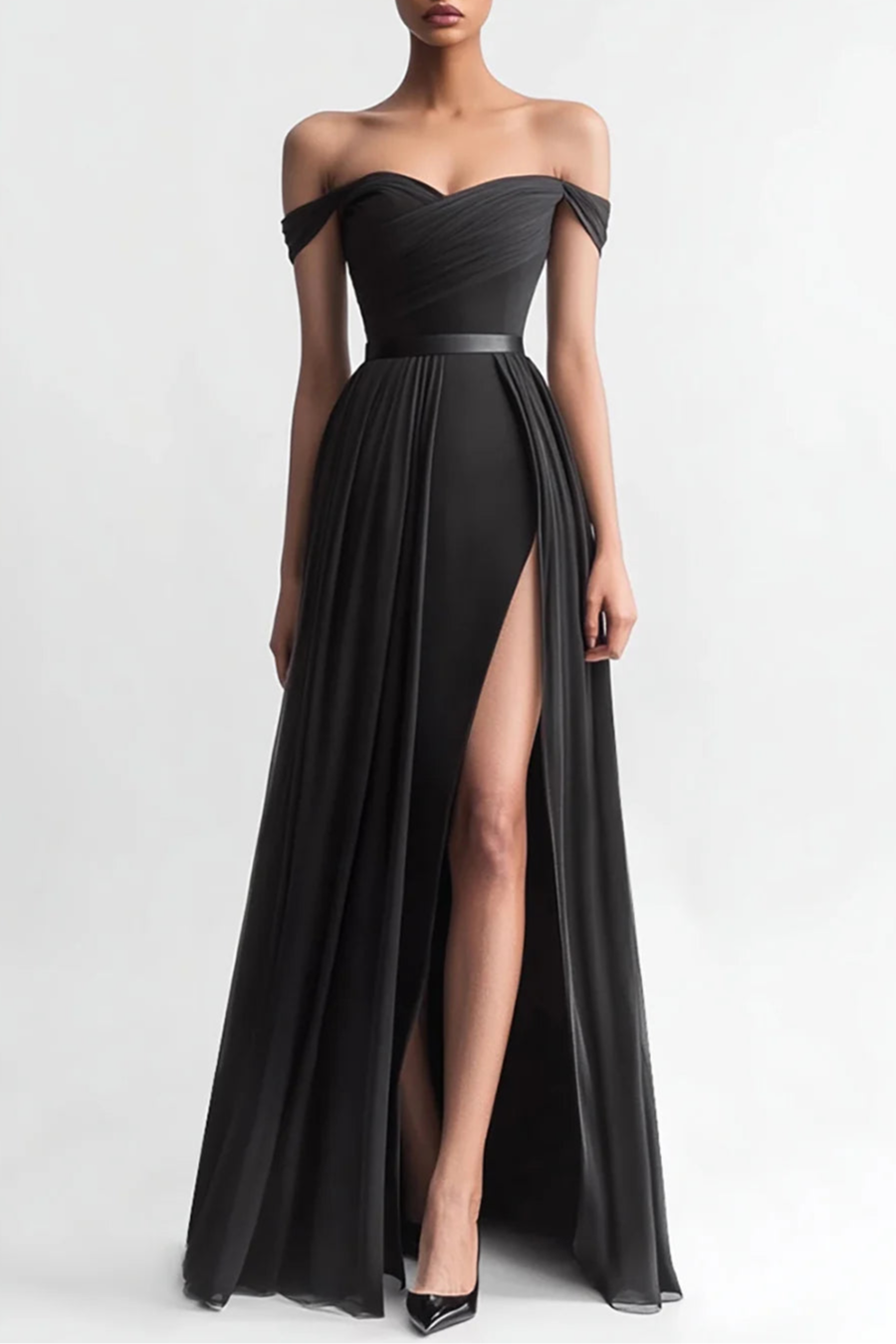 Black Pleated Off The Shoulder Sweetheart Collar A Line Evening Dress Prom Dress With Slit