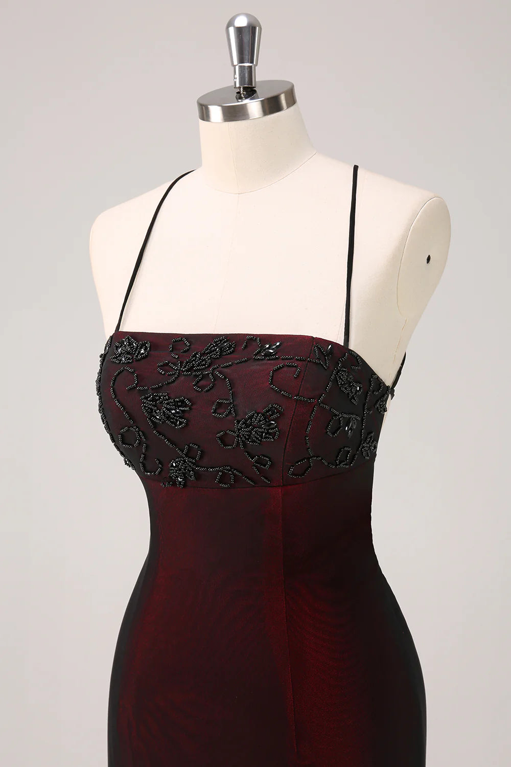 Black Red Spaghetti Straps Lace-Up Back Mermaid Floor Length Prom Dresses With Beaded