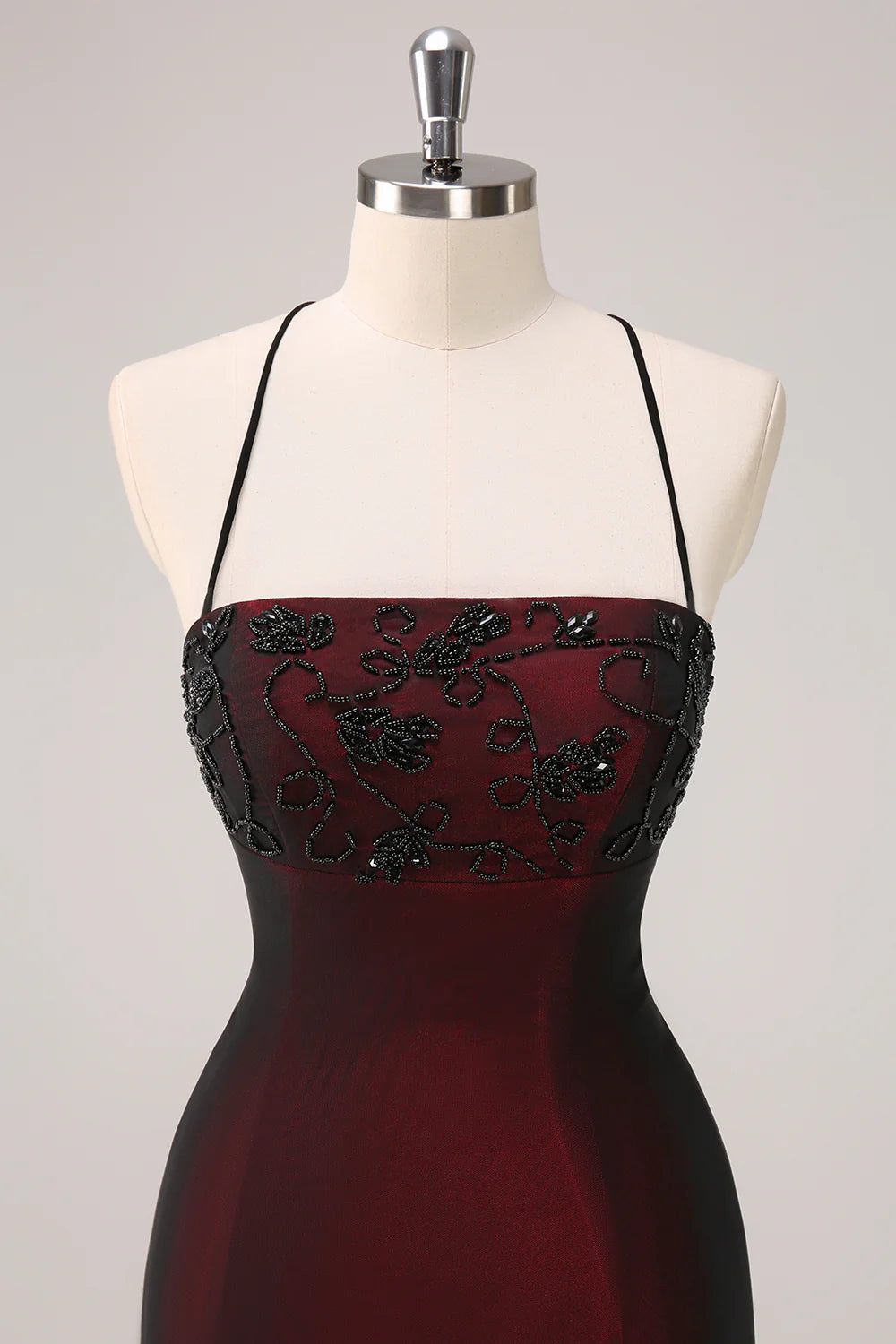 Black Red Spaghetti Straps Lace-Up Back Mermaid Floor Length Prom Dresses With Beaded