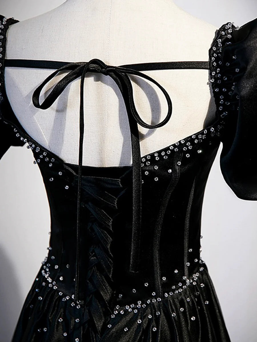 Black Satin Beaded BodyCon Corset Floor Length Prom Dress Black A-Line Short Sleeve Evening Dress