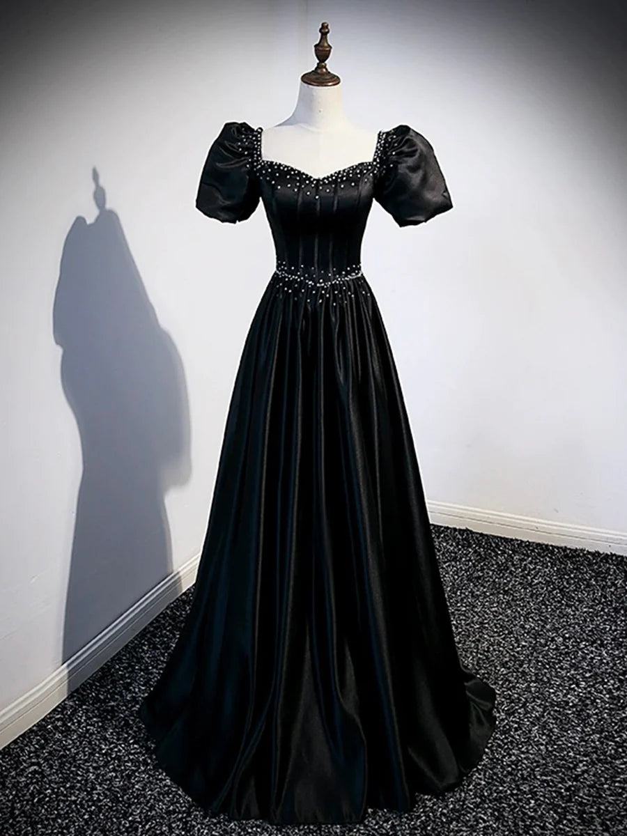 Black Satin Beaded BodyCon Corset Floor Length Prom Dress Black A-Line Short Sleeve Evening Dress