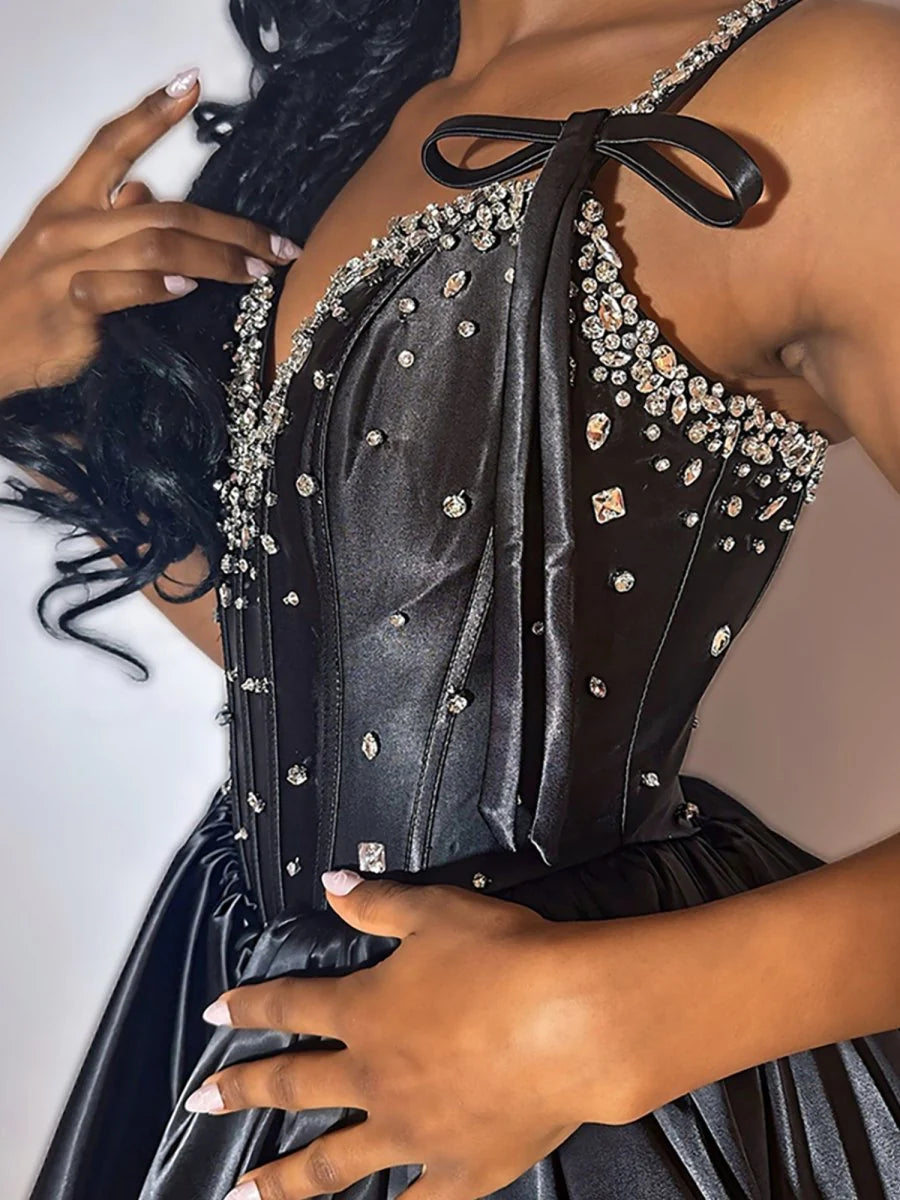 Black Satin Beaded V Neck Spaghetti Straps A Line Short Homecoming Dresses With Bow