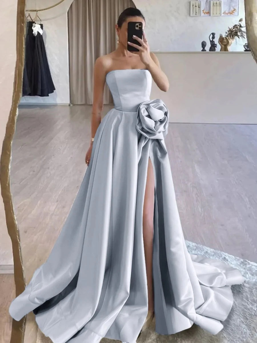 Ivory Satin Flower Strapless Lace-Up Back A-Line Long Prom Dress With High Split Evening Dress