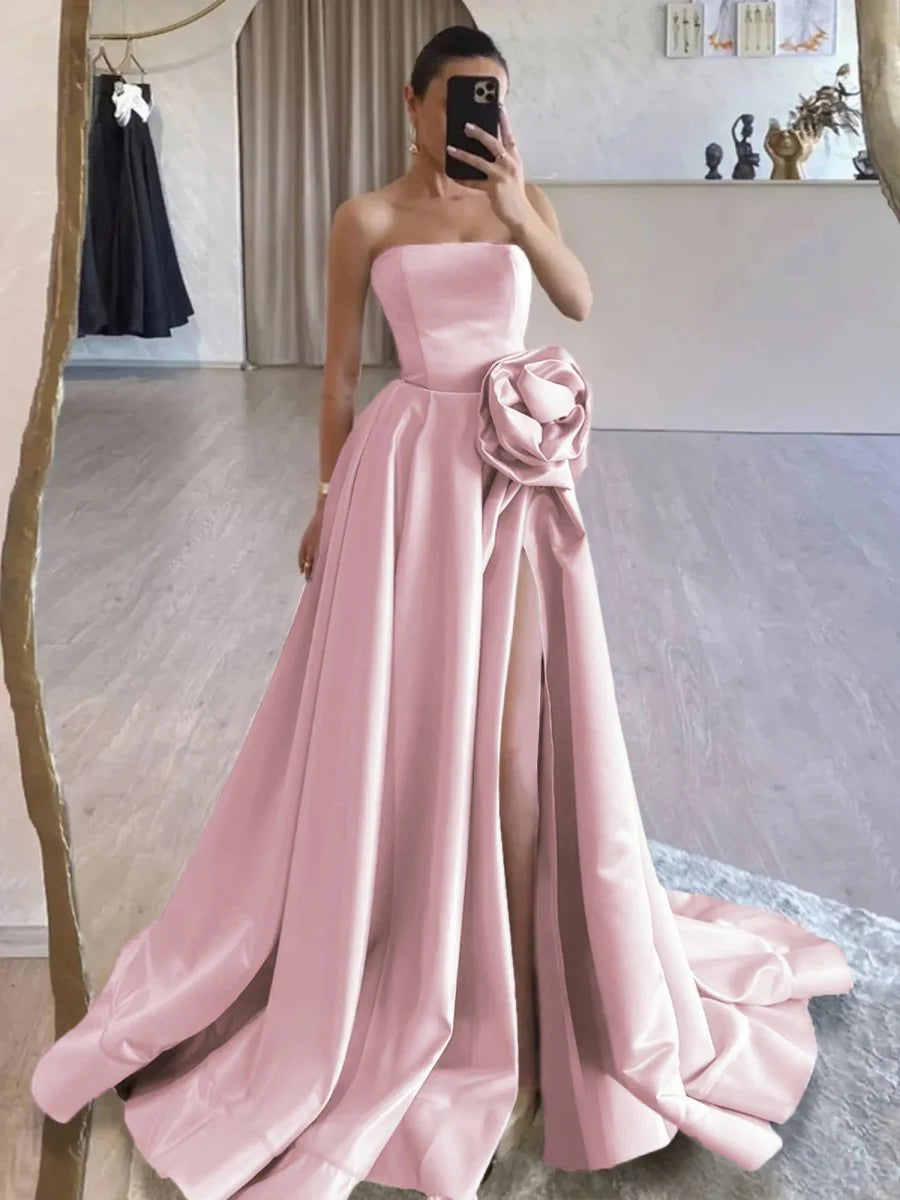 Black Satin Flower Strapless Lace-Up Back A-Line Long Prom Dress With High Split Evening Dress