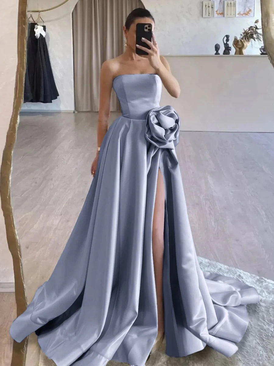 Ivory Satin Flower Strapless Lace-Up Back A-Line Long Prom Dress With High Split Evening Dress