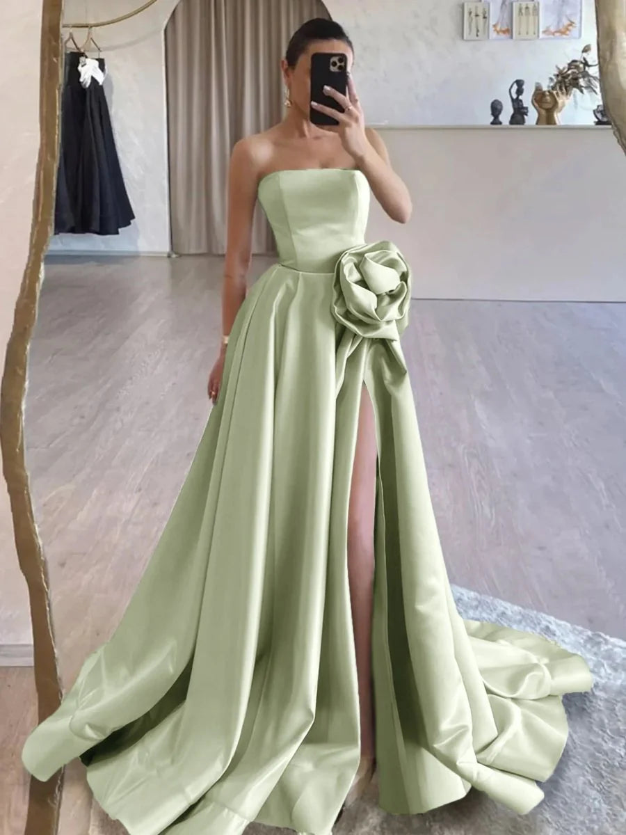 Ivory Satin Flower Strapless Lace-Up Back A-Line Long Prom Dress With High Split Evening Dress