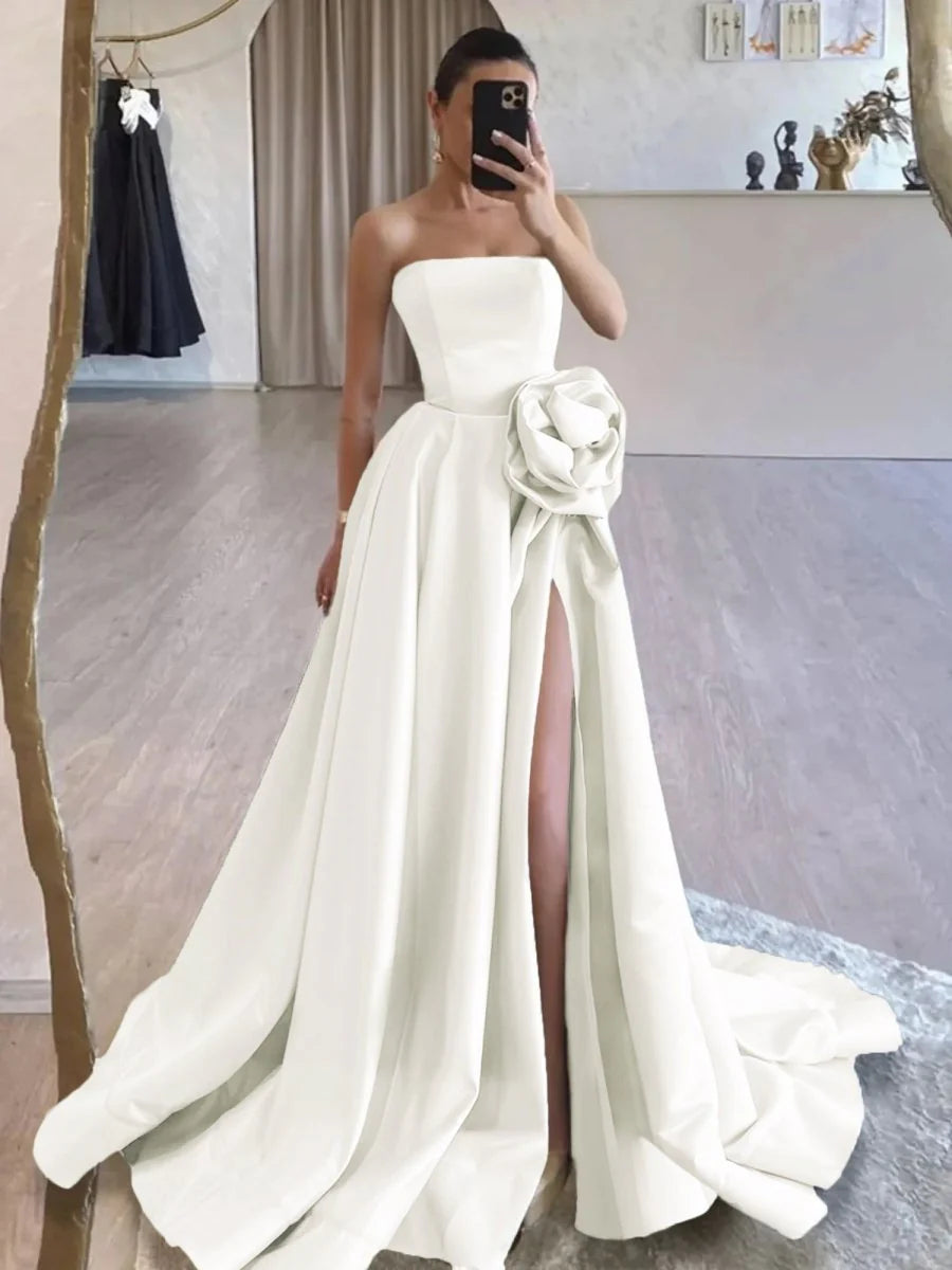 Ivory Satin Flower Strapless Lace-Up Back A-Line Long Prom Dress With High Split Evening Dress