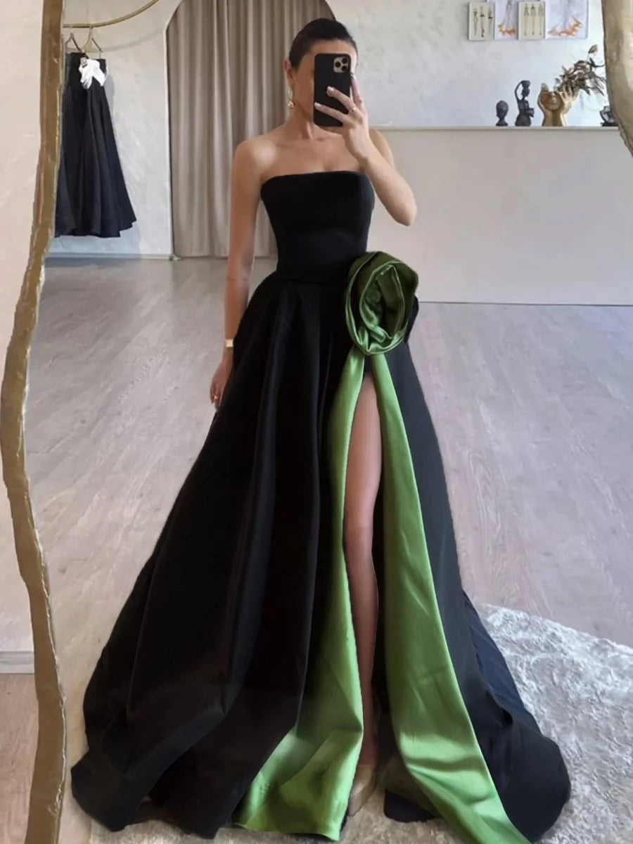 Black Satin Flower Strapless Lace-Up Back A-Line Long Prom Dress With High Split Evening Dress