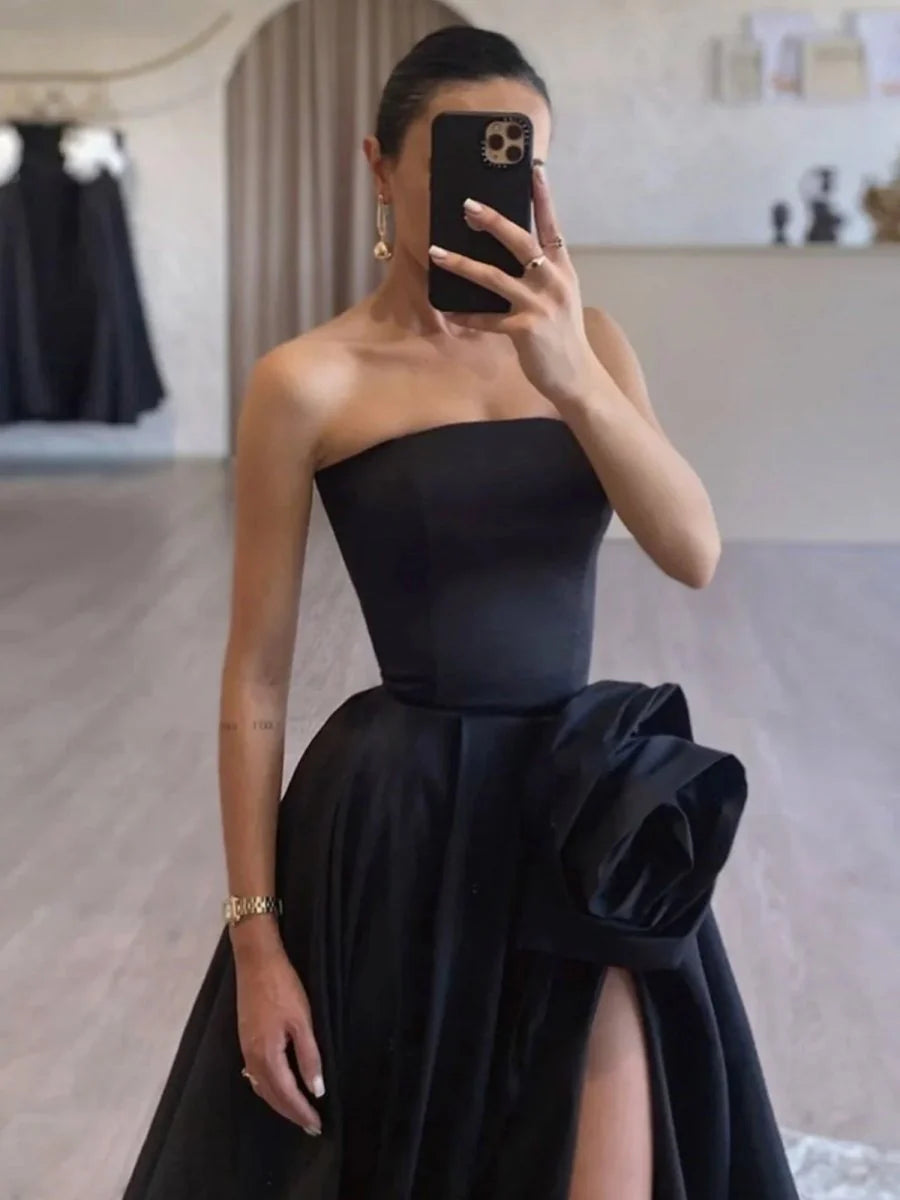 Black Satin Flower Strapless Lace-Up Back A-Line Long Prom Dress With High Split Evening Dress