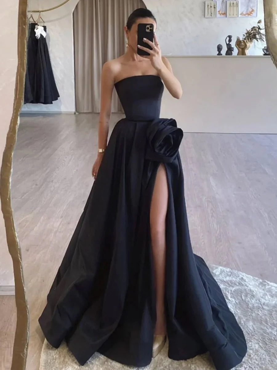 Black Satin Flower Strapless Lace-Up Back A-Line Long Prom Dress With High Split Evening Dress