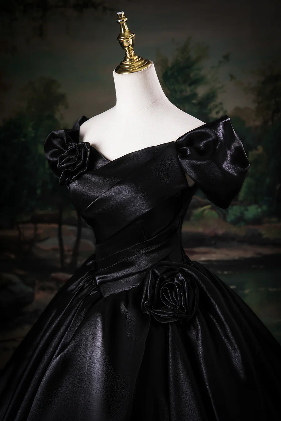Black Satin Flowers Pleated Off the Shoulder Floor Length Prom Dress Party Dress