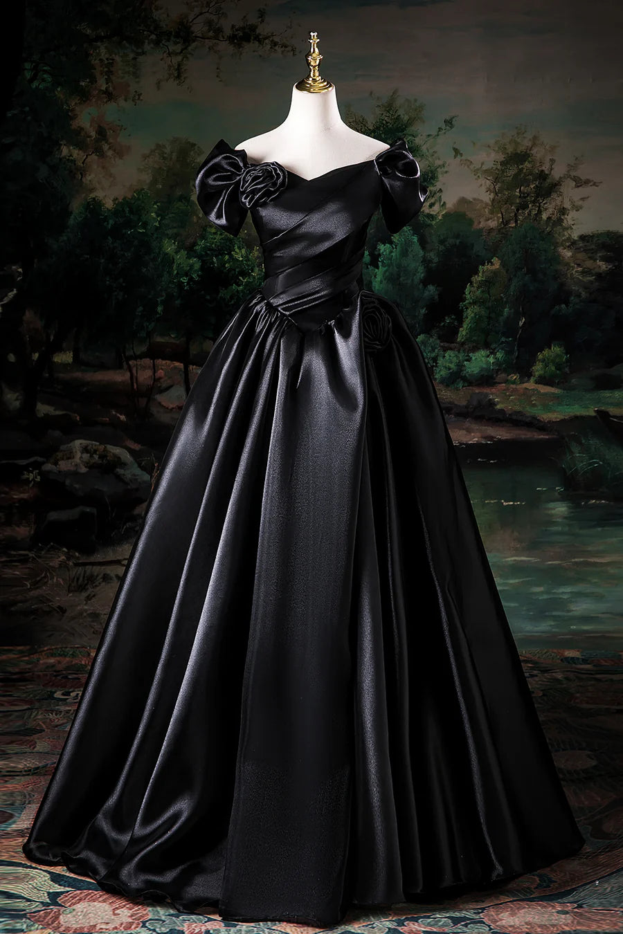 Black Satin Flowers Pleated Off the Shoulder Floor Length Prom Dress Party Dress