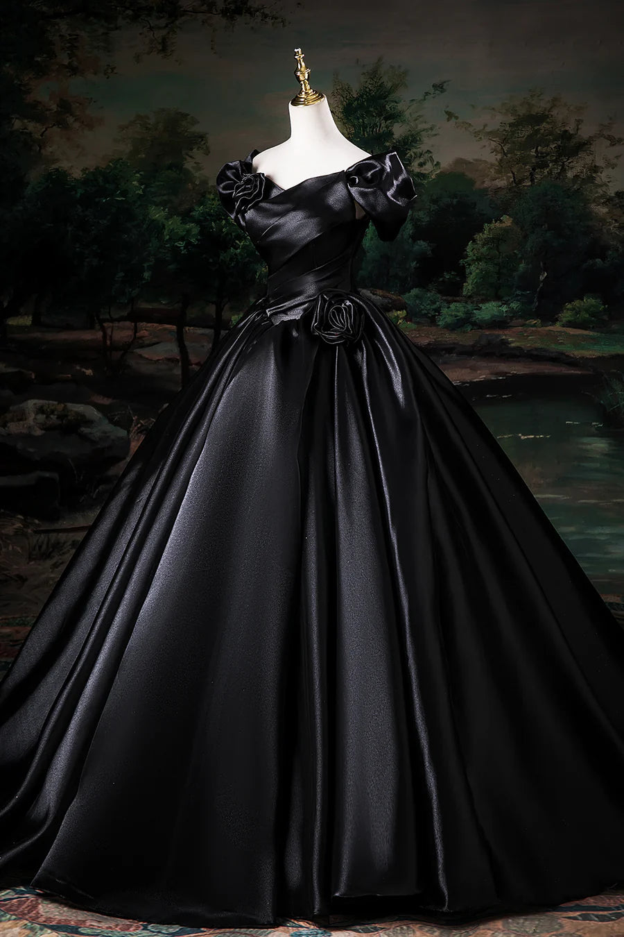 Black Satin Flowers Pleated Off the Shoulder Floor Length Prom Dress Party Dress