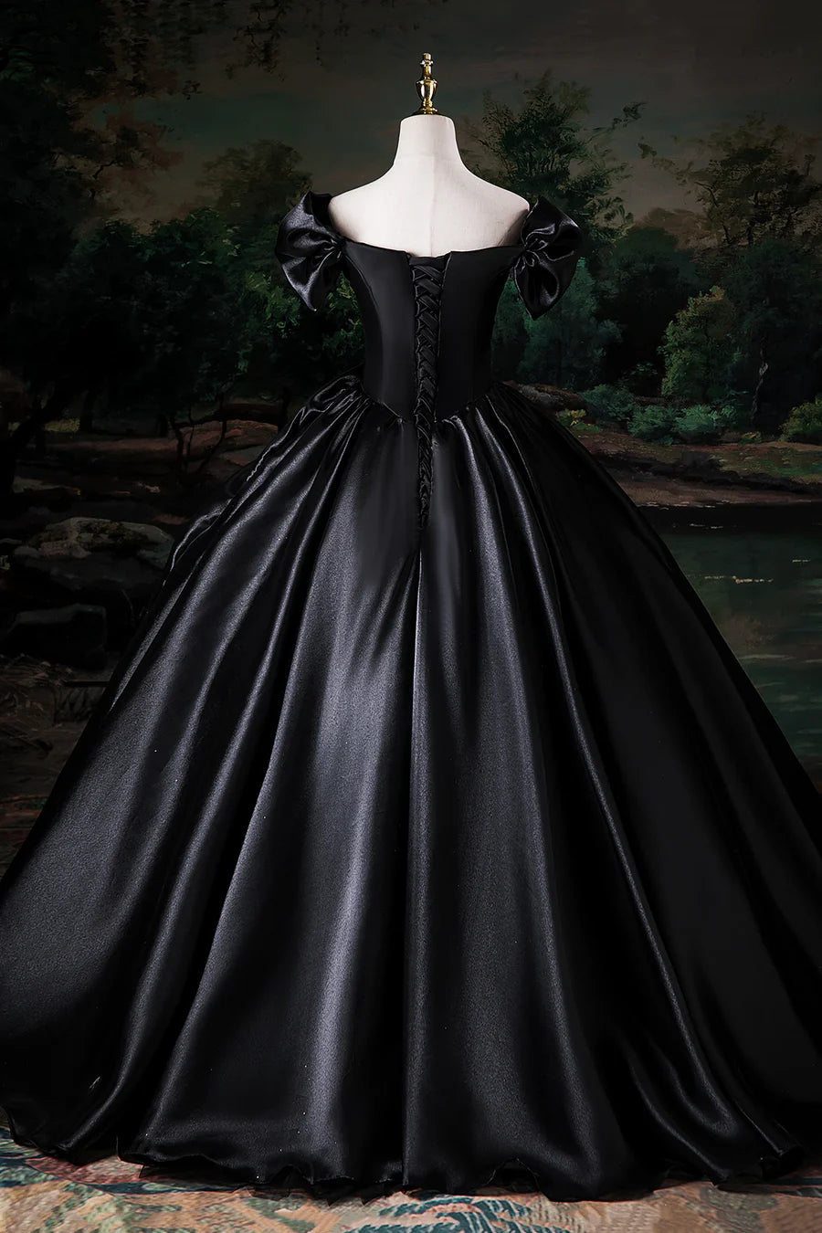 Black Satin Flowers Pleated Off the Shoulder Floor Length Prom Dress Party Dress