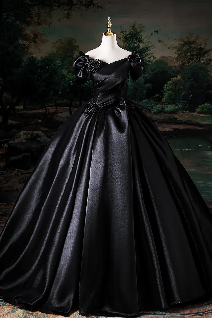 Black Satin Flowers Pleated Off the Shoulder Floor Length Prom Dress Party Dress