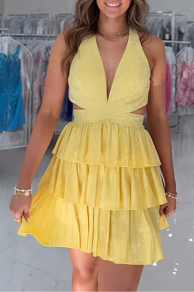 Black Satin Halter V Neck A Line Cut Out Tiered Short Homecoming Dress With Beading