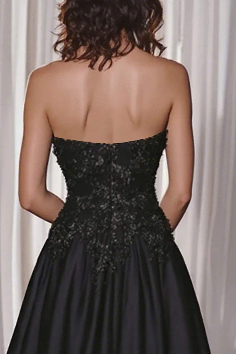 Black Satin Lace Appliques A-Line Sweetheart Neck Off-shoulder Long Prom Dress With Slits