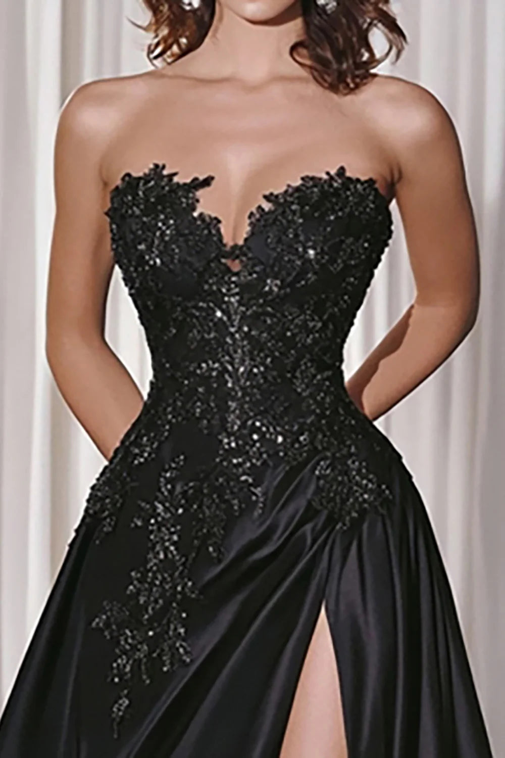 Black Satin Lace Appliques A-Line Sweetheart Neck Off-shoulder Long Prom Dress With Slits