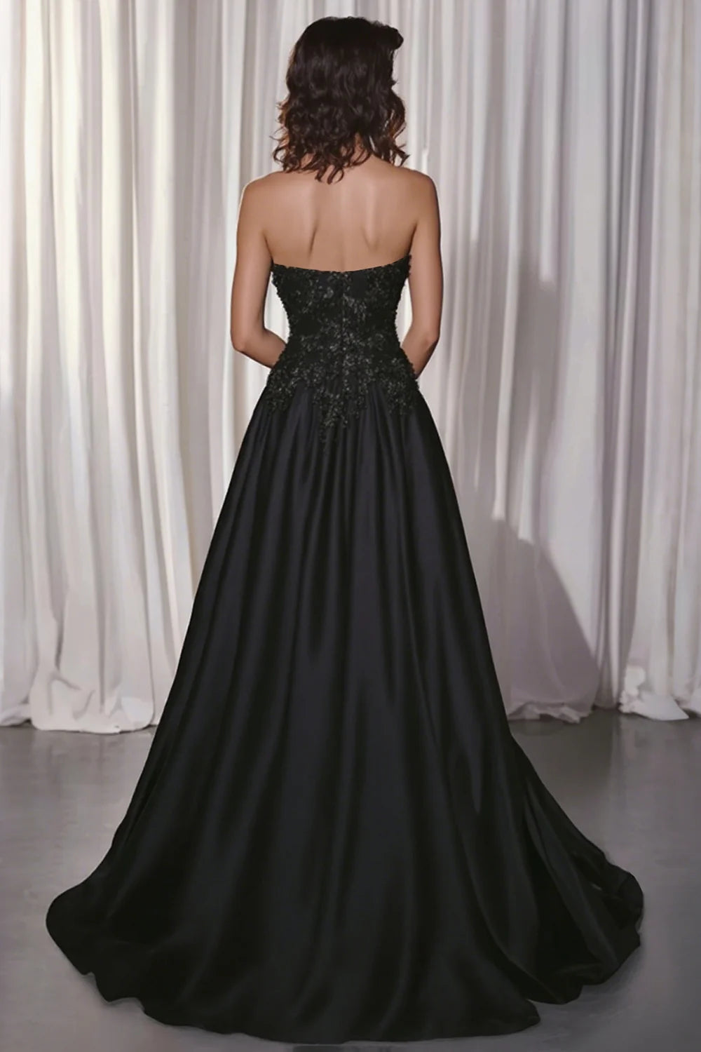 Black Satin Lace Appliques A-Line Sweetheart Neck Off-shoulder Long Prom Dress With Slits