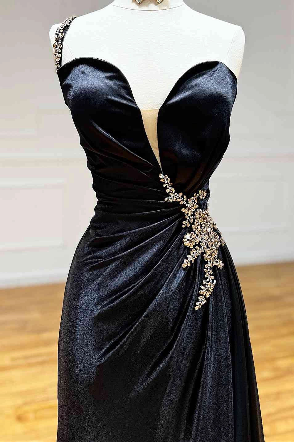 Black Satin Rhinestone One Shoulder V Neck A Line Slit Evening Dress Prom Dress With Sweep Train