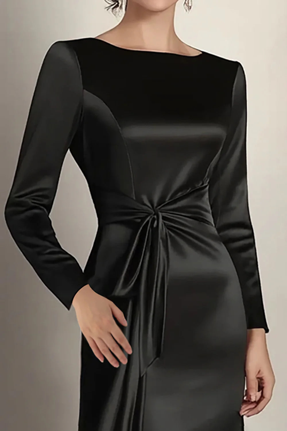 Black Satin Round Neck Mermaid Long Sleeves Ruched Long Mother of the Bride Dress