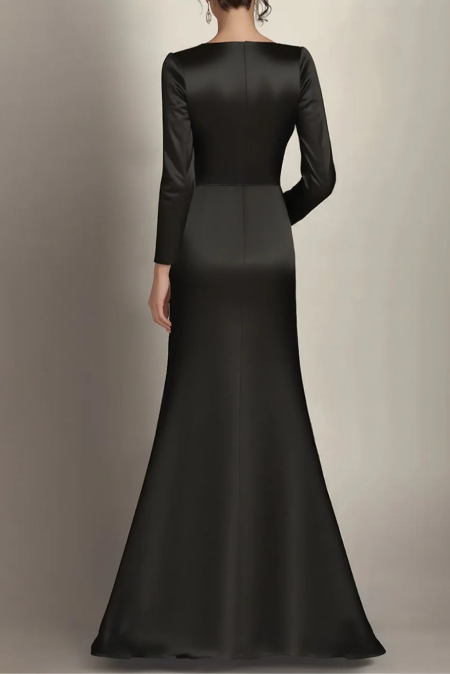 Black Satin Round Neck Mermaid Long Sleeves Ruched Long Mother of the Bride Dress