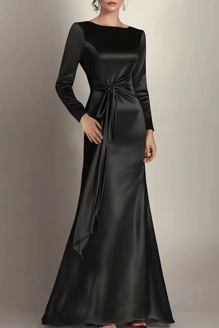 Black Satin Round Neck Mermaid Long Sleeves Ruched Long Mother of the Bride Dress