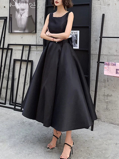Black Satin Square Neck Backless With Bow Tea Length Party Dress Prom Dress