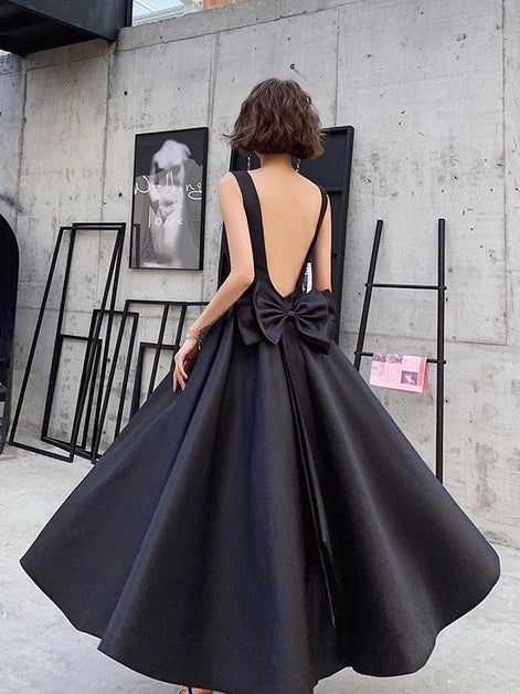 Black Satin Square Neck Backless With Bow Tea Length Party Dress Prom Dress