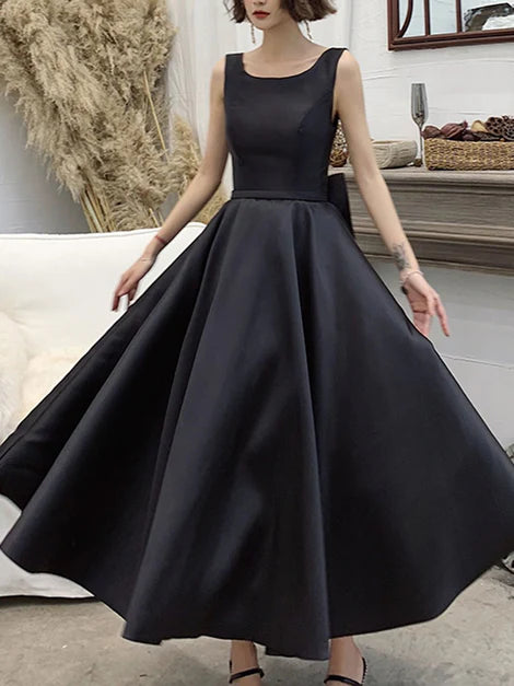 Black Satin Square Neck Backless With Bow Tea Length Party Dress Prom Dress