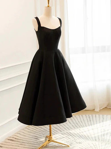Simple Black Satin A-line Tea Length Straps Homecoming Dress Satin Prom Dress