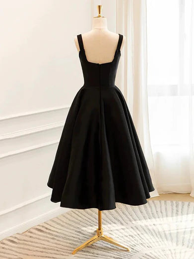 Simple Black Satin A-line Tea Length Straps Homecoming Dress Satin Prom Dress