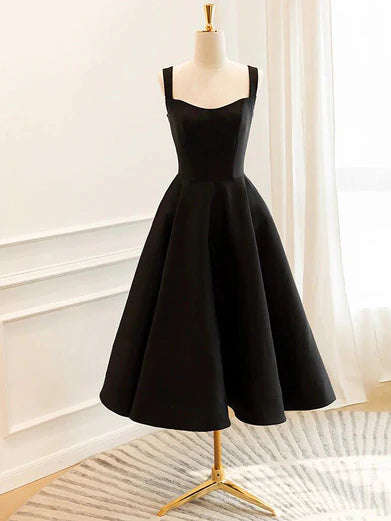 Simple Black Satin A-line Tea Length Straps Homecoming Dress Satin Prom Dress