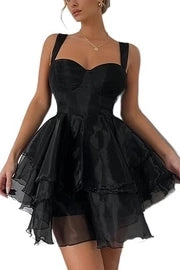Black Satin Tulle A-Line Straps Sweetheart Tiered Ruffles Short Party Homecoming Dress