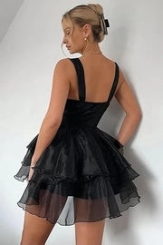 Black Satin Tulle A-Line Straps Sweetheart Tiered Ruffles Short Party Homecoming Dress