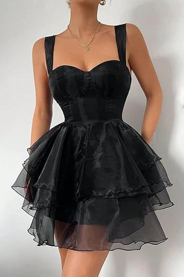 Black Satin Tulle A-Line Straps Sweetheart Tiered Ruffles Short Party Homecoming Dress