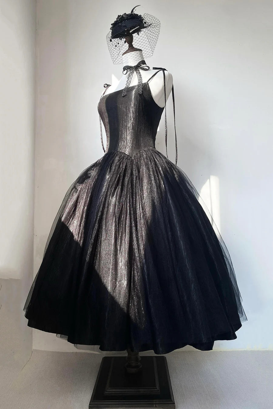 Black Satin Tulle Open Back Spaghetti Strap Tea Length Prom Dress Black A-Line Party Dress