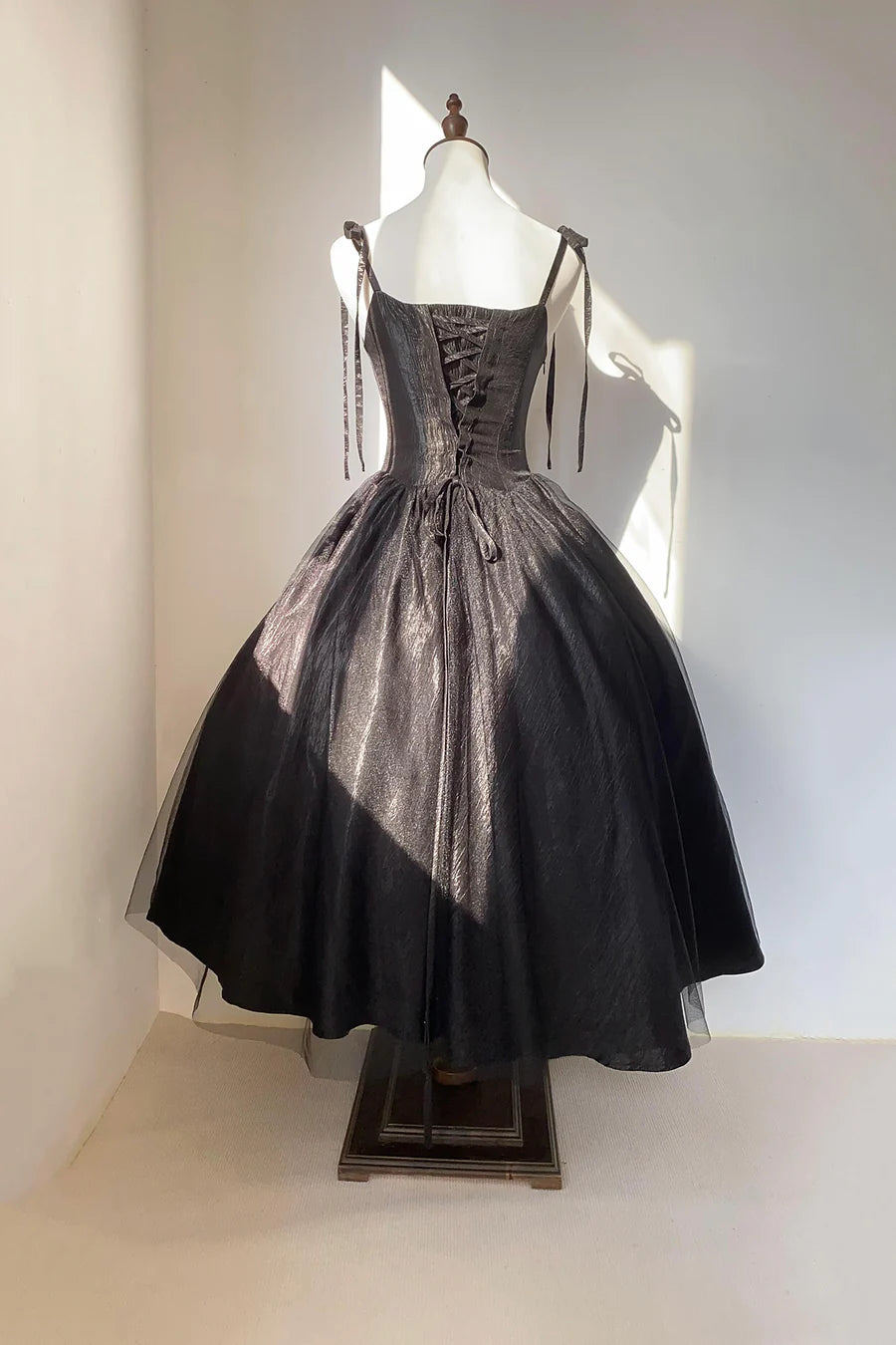 Black Satin Tulle Open Back Spaghetti Strap Tea Length Prom Dress Black A-Line Party Dress