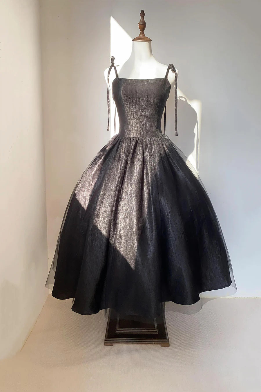 Black Satin Tulle Open Back Spaghetti Strap Tea Length Prom Dress Black A-Line Party Dress
