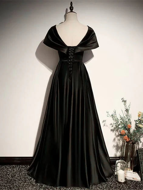 Black Satin V Neck Off Shoulder A-line Party Dress Evening Dress Prom Dress