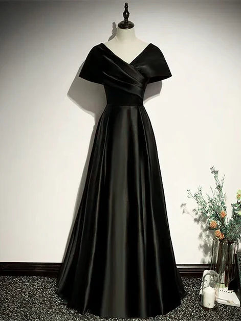Black Satin V Neck Off Shoulder A-line Party Dress Evening Dress Prom Dress