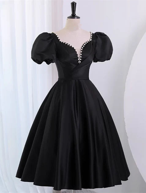 Black Satin V Neck With Beaded Short Sleeves Knee Length Party Dress Homecoming Dress