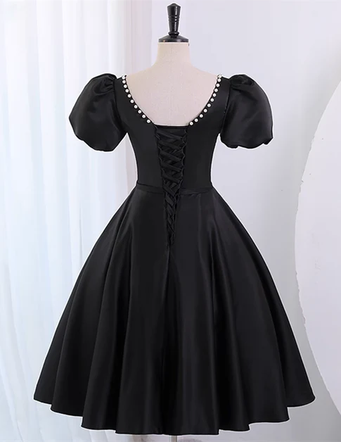 Black Satin V Neck With Beaded Short Sleeves Knee Length Party Dress Homecoming Dress