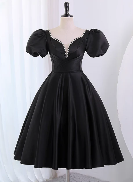 Black Satin V Neck With Beaded Short Sleeves Knee Length Party Dress Homecoming Dress