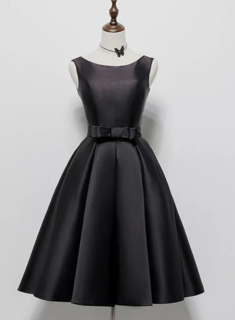 Black Satin With Bow Knee Length Round Neckline Short Party Dress Prom Dress