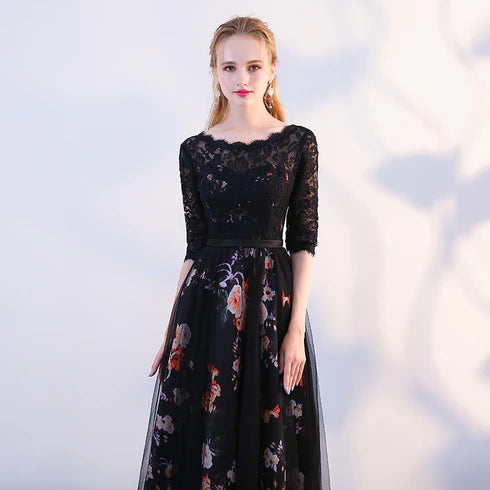 Black Satin and Lace A-line Tulle Floor Length Homecoming Dress Formal Dresses