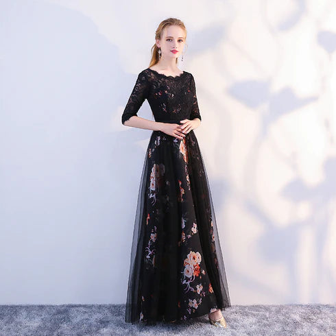 Black Satin and Lace A-line Tulle Floor Length Homecoming Dress Formal Dresses