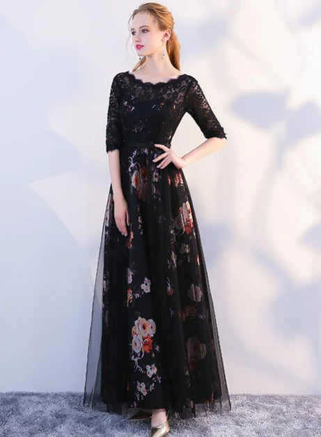 Black Satin and Lace A-line Tulle Floor Length Homecoming Dress Formal Dresses